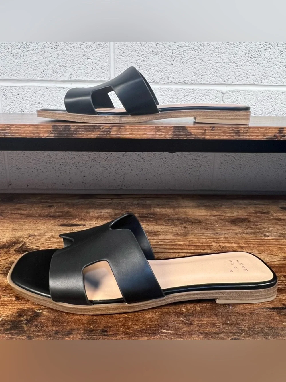 A New Day Sandals Slides Black Faux Leather Slip On Women's 8.5